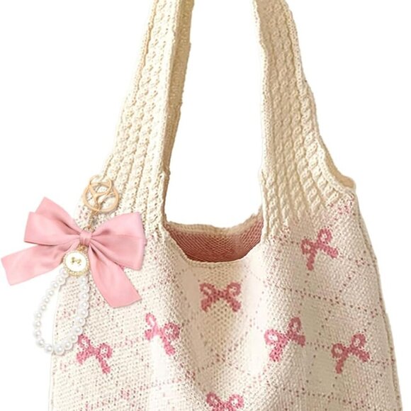 Pink Crochet Tote Bag Women Mesh Knitted Shoulder Handbag Beach Hobo Purse - Picture 1 of 7